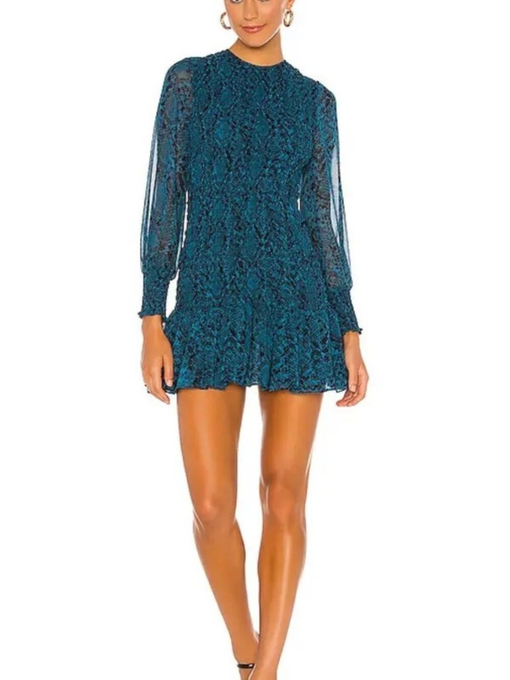MISA Roisin Teal Smocked Mini Dress Long Sleeve Size XS